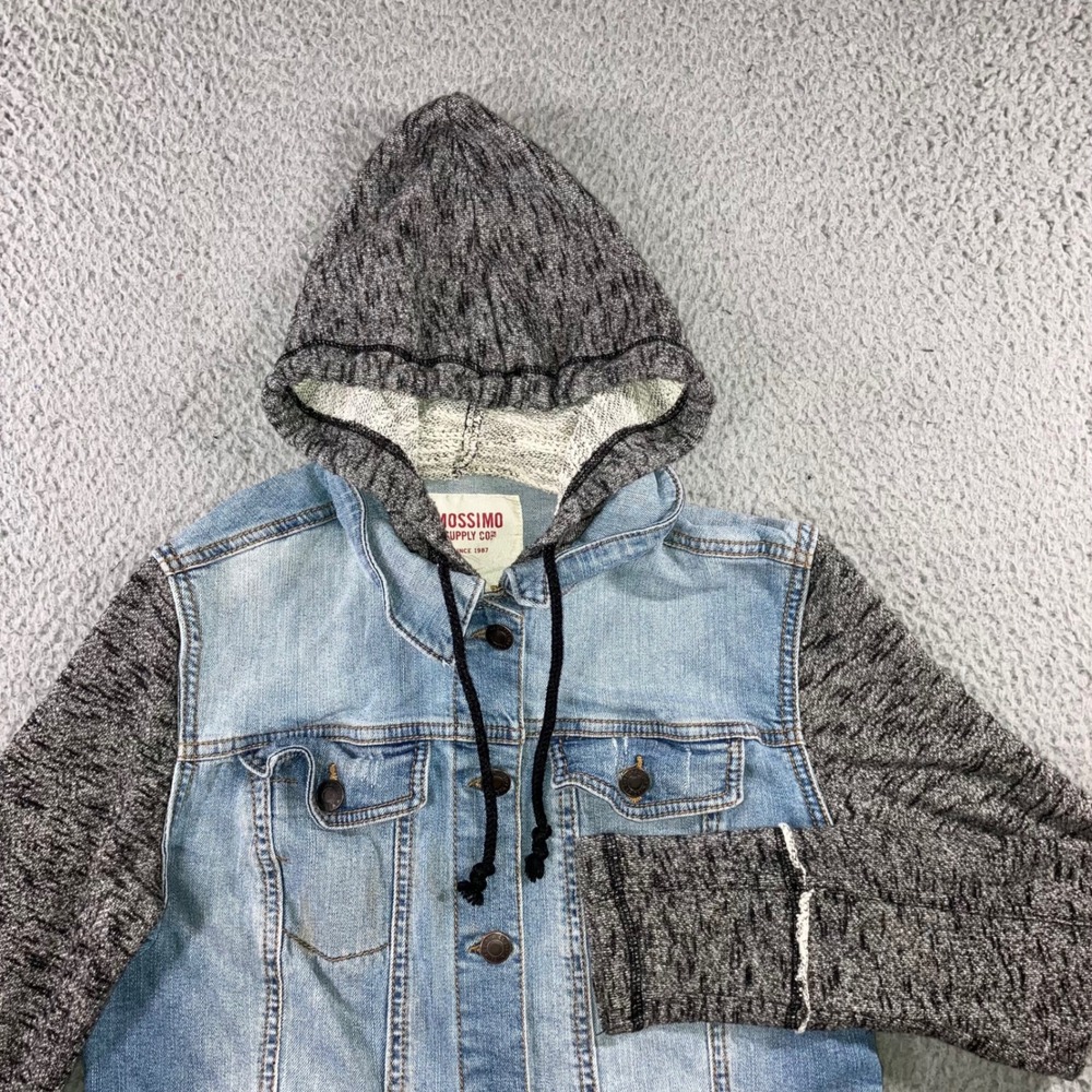Denim Hoodie Jacket Women M Blue Gray Mixed Media Grunge Street Indie Outerwear